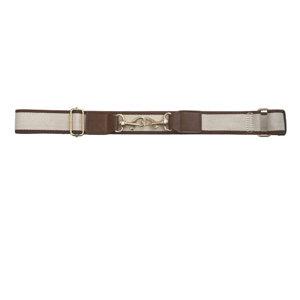Adjustable Striped Canvas Belt with Gold Tone Double Lobster Clasp Brown Cream
